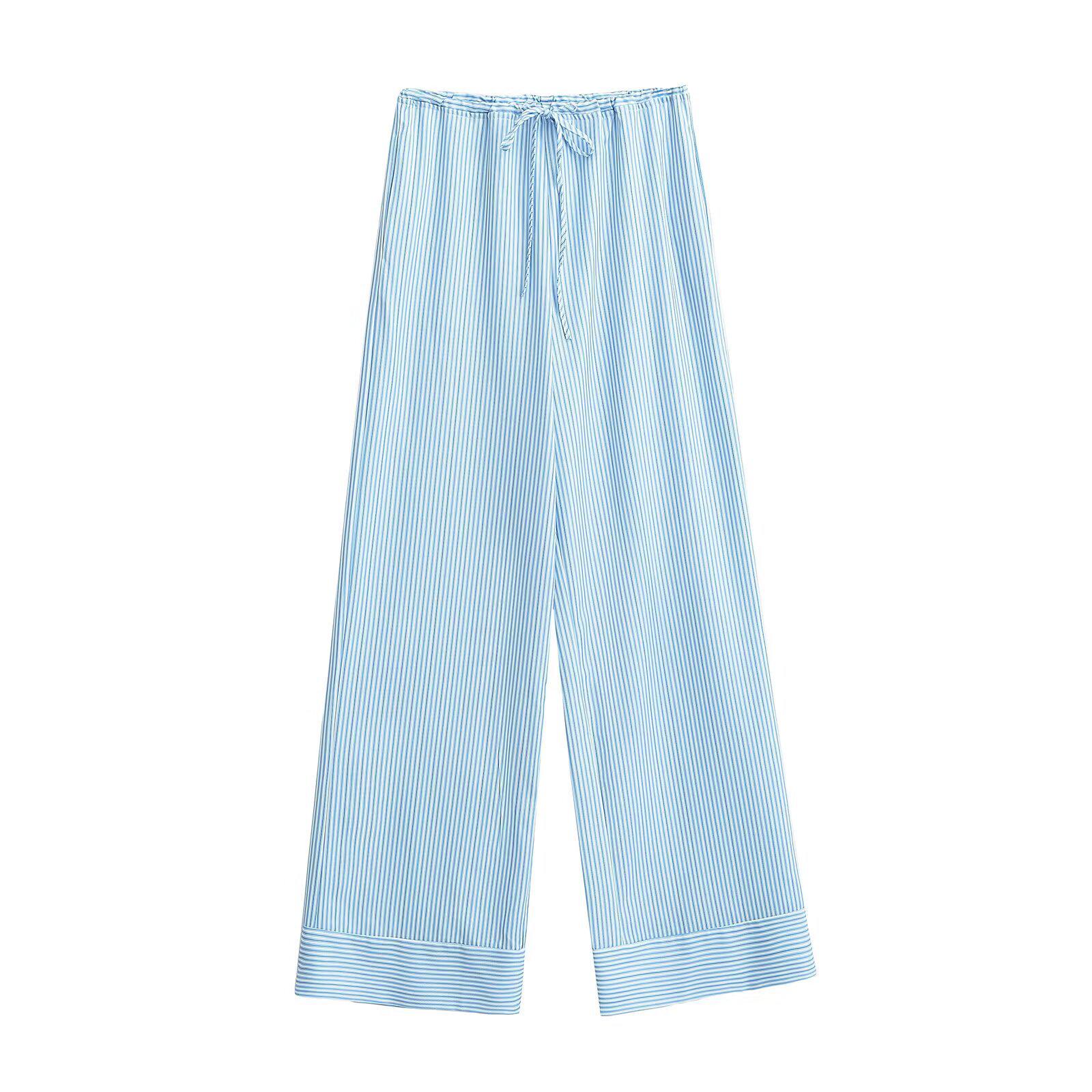 

Женская мода весна 2025: Повседневные брюки в европейском стиле с полосками и завязками XS светло-синий