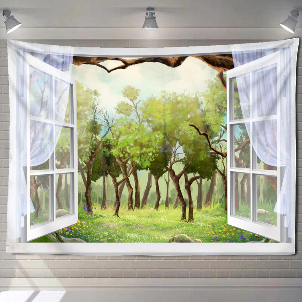 Imitation Window Forest Landscape Painting Tapestry Wall Hanging Bohemian Style Psychedelic Mandala Home Decor