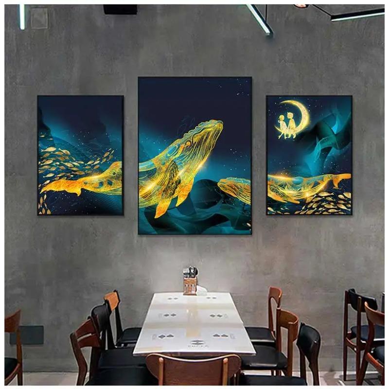 Afiș de pictură artistică cu balenă de aur și mare și poză de imprimare pe perete, terasa, decorare, pânză scandinavă, imprimare artistică cu ridicata