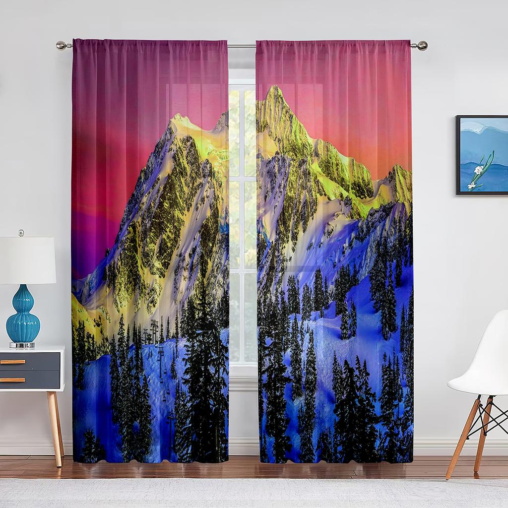 Snow Mountain Dreamy Dusk Scenery Sheer Curtain for Living Room Bedroom Voile Drape Kitchen Window Tulle Curtains Home Essential