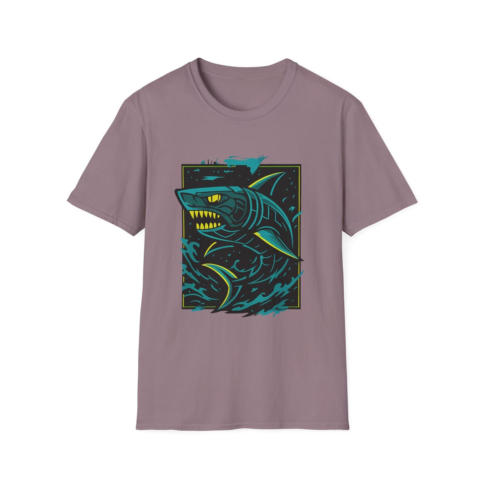 Unisex Softstyle T-Shirt Mens Womens Tees Top Cybershark Street Art Neon Shark Digital Waves 3XL