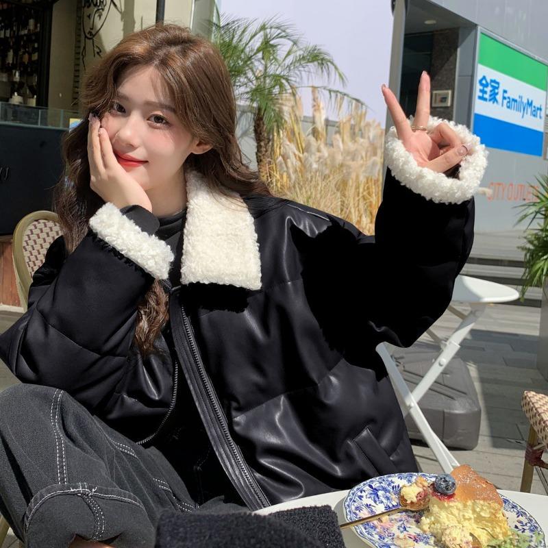 

Leather jacket pu down cotton clothes winter women s new small thickened warm jacket loose S чёрный