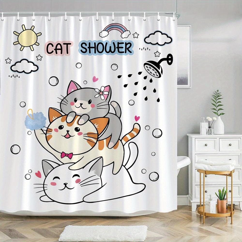 Cute Cat Shower Curtain Playful Cartoon Cats Rainbow Hearts Design Vibrant CAT SHOWER Theme Polyester Easy Clean with Hooks W90xH180cm
