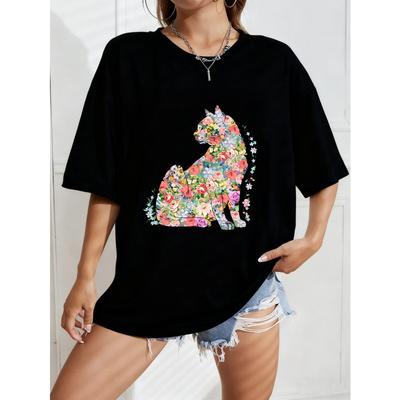 Floral Cat Print Oversized T-Shirt White Flower Animal Design For Casual Wear And Everyday Style