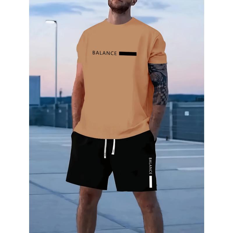 2026 Casual Men's Set Summer Apparel Color-Blocked Short-Sleeve Top Relaxed Drawstring Shorts Stylish Streetwear Ensemble