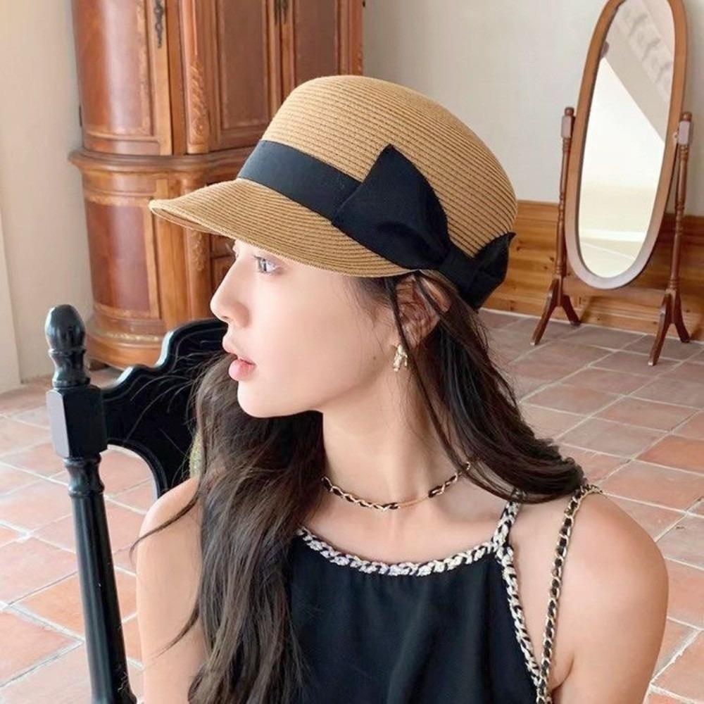 Grass Woven Shading Cap Sun Protection Bow Straw Cap Elegant Sun Hat  Outdoor