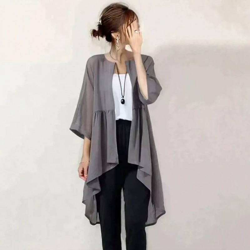 Leichtes Chiffon-Midikleid Damen Lockerer Schnitt Lässig Mit Rundhalsausschnitt Kurze Ärmel UV-Schutz
