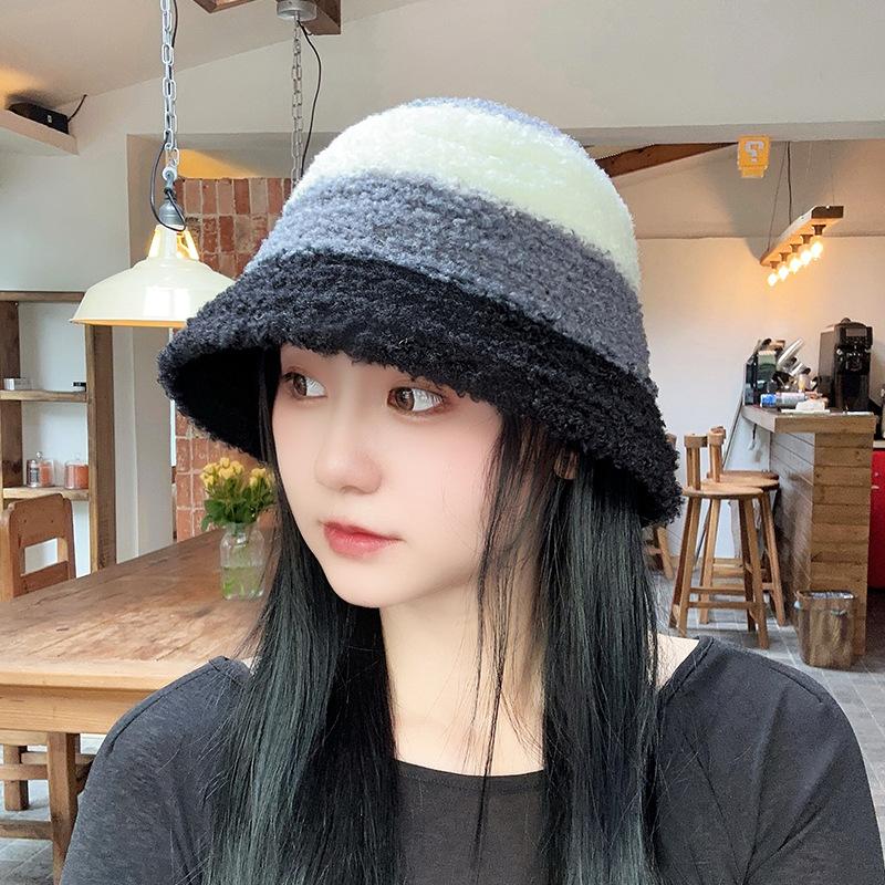 Striped Color blocking Knitted Fisherman Hat Women's Autumn and Winter Korean Version Ins Warm Wool Bucket Hat Showing Face Small Plush Basin Hat