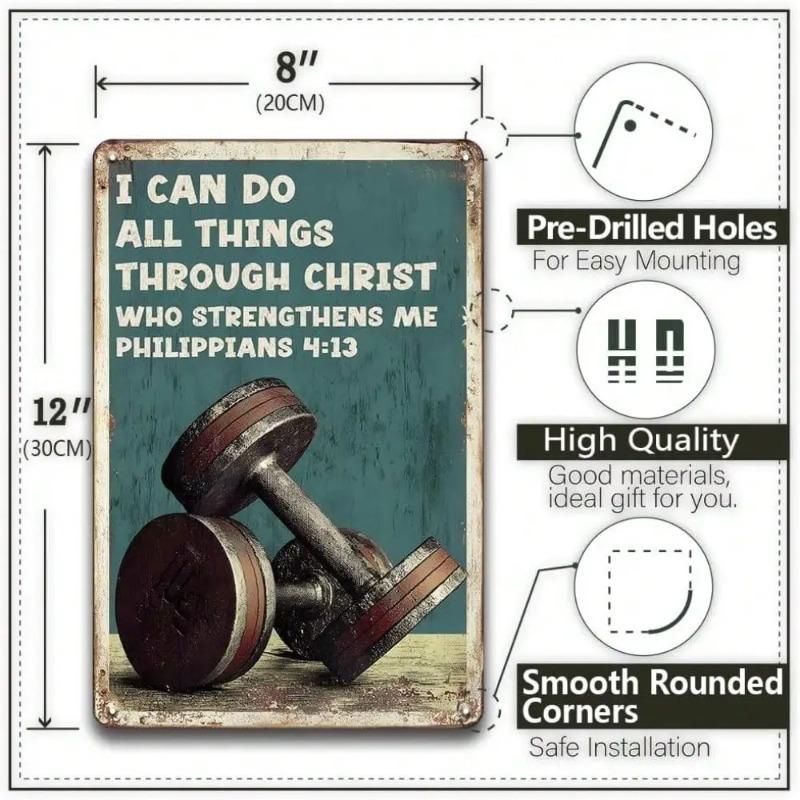 Vintage Religious Fitness Metal Wall Art Philippians 4 13 Dumbbell Decor Home Gym Christian Gift