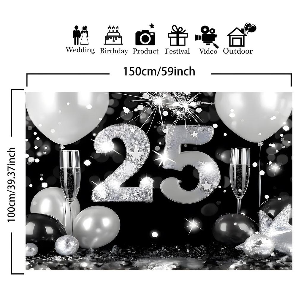 1pc Elegant Black and Silver 25th Anniversary Wedding Backdrop Banner Photography Wall -S