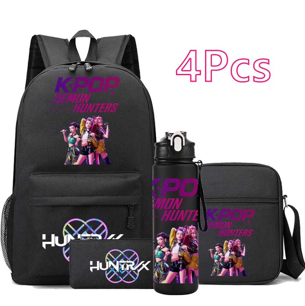 

4Pcs/set Anime Cartoon K-Pop Printed Backpack with 750Ml Water Bottler for Teenager Student Girl Boy Bookbag Kid Gift Large Capacity Travel Bag
