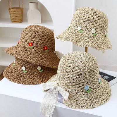 Women's Korean Style Straw Bucket Hat Floral Adjustable Sun Protection Sun Hat Breathable Foldable Beach Hat for Summer Outdoor