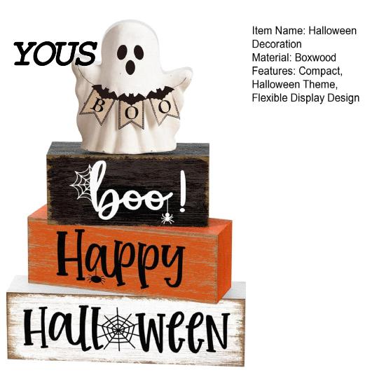 Indoor Fall Home Accents Halloween Ghost Decoration, Wooden Sign Tiered Tray Ornament, Farmhouse Scenery for Shelves Tabletop Centerpiece Coffee