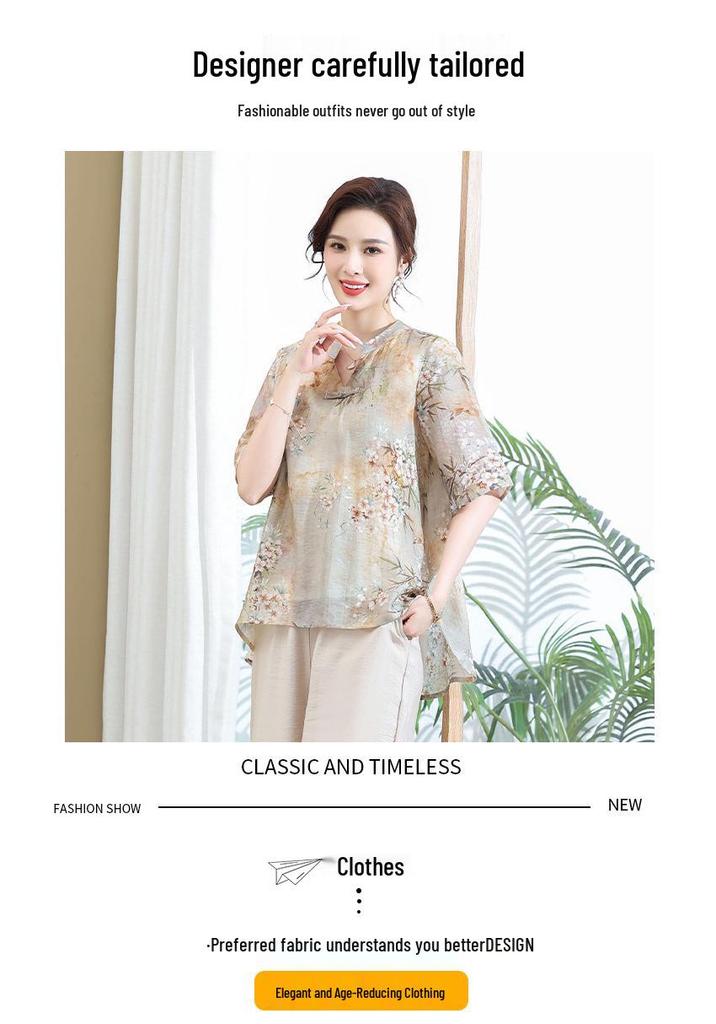 New Women's Chinese Style Summer Chiffon Shirt - Short Sleeve, Mid-Length, Printed Design