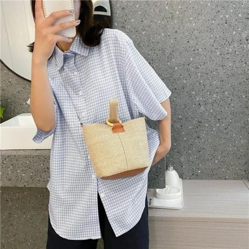 1 Pcs New Versatile Crossbody Bucket Bag Small Fresh Handbag Student Woven Bag Forest Style Beach Grass Woven Bag Women's Bag