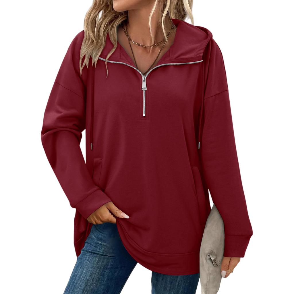 Women's Fashionable Solid Color Hooded Long Sleeved Pocket Pullover Sweatshirt Top