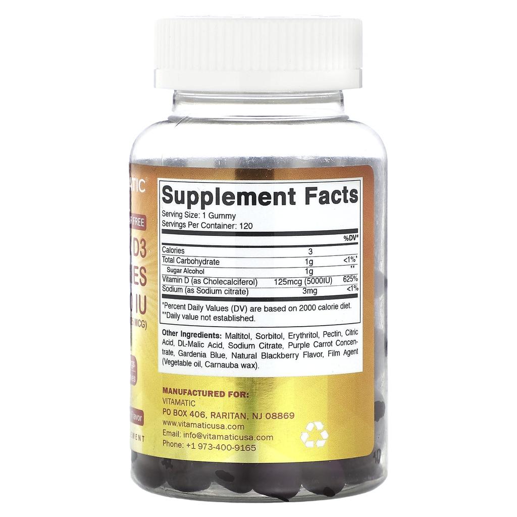 Sugar Free Vitamin D3 Gummies, Natural Blackberry, 125Mcg (5,000Iu), 120 Gummies