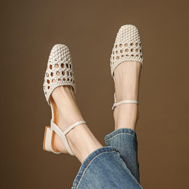 New one-word mesh thick-heeled sandals French retro woven hollow women's shoes low-heeled toe shoes women's summer