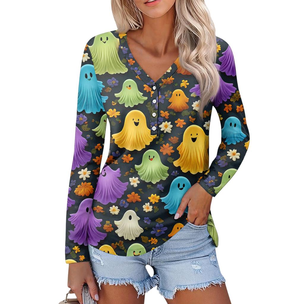 Women's Casual Fashion Sexy Comfort Halloween Printed V-Neck Button Long Sleeve