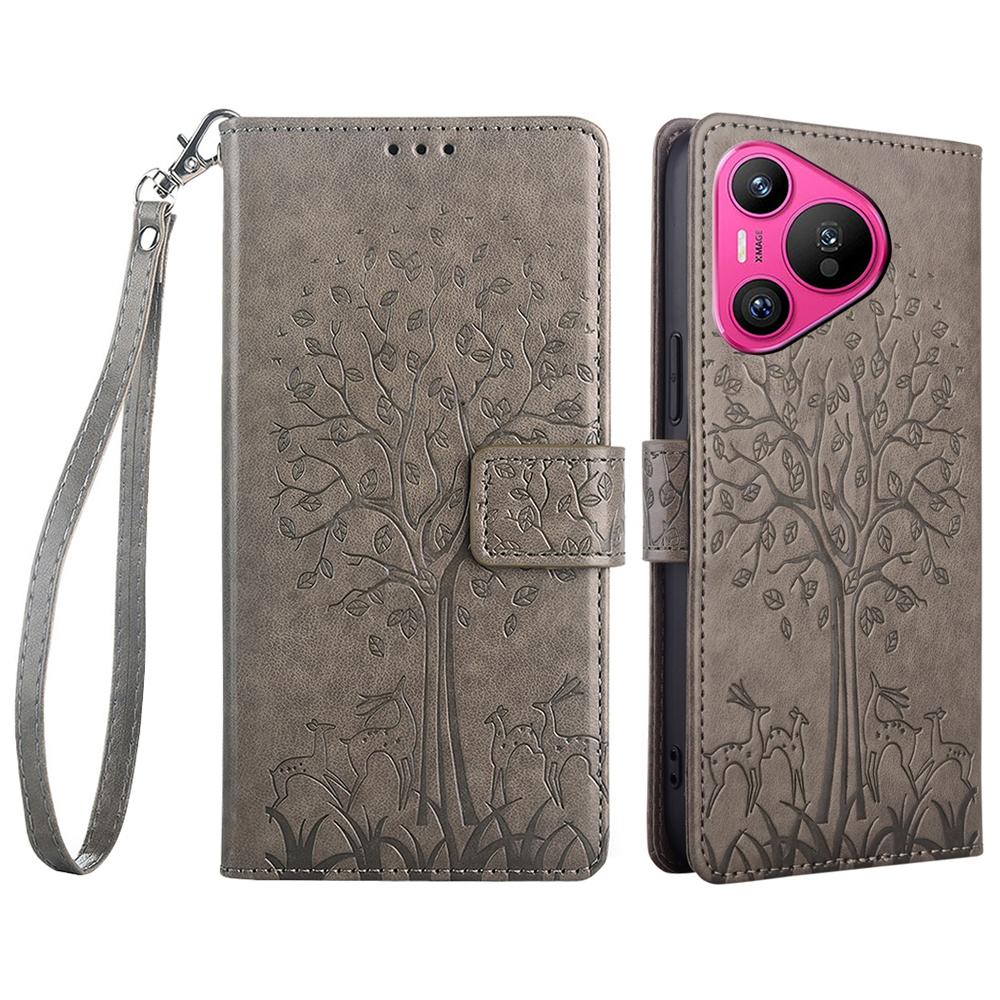 For Huawei Pura 70 Case PU Leather Wallet Phone Cover Tree Deer Imprinted