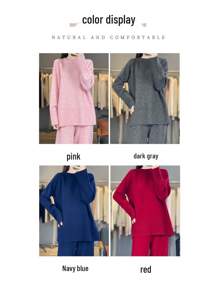 Autumn/Winter Cashmere Knitwear: Thick Long Sweater & Loose Wide-Leg Pants Two-Piece Set