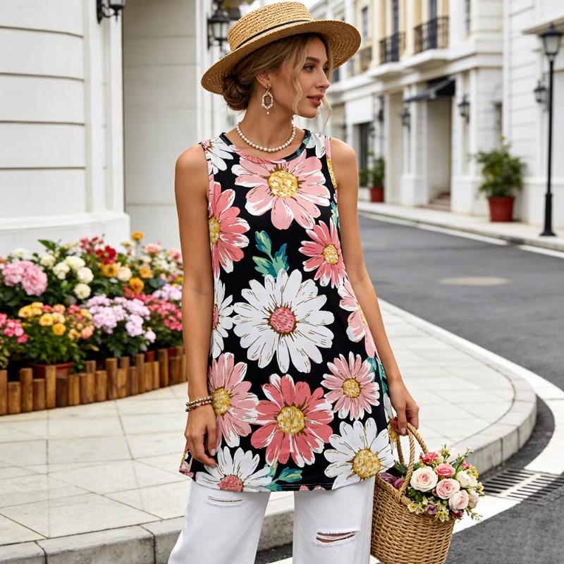 Bohemian Pink White Daisy Print Sleeveless Dress Breathable Soft Loose Fit Casual Midi Dress L