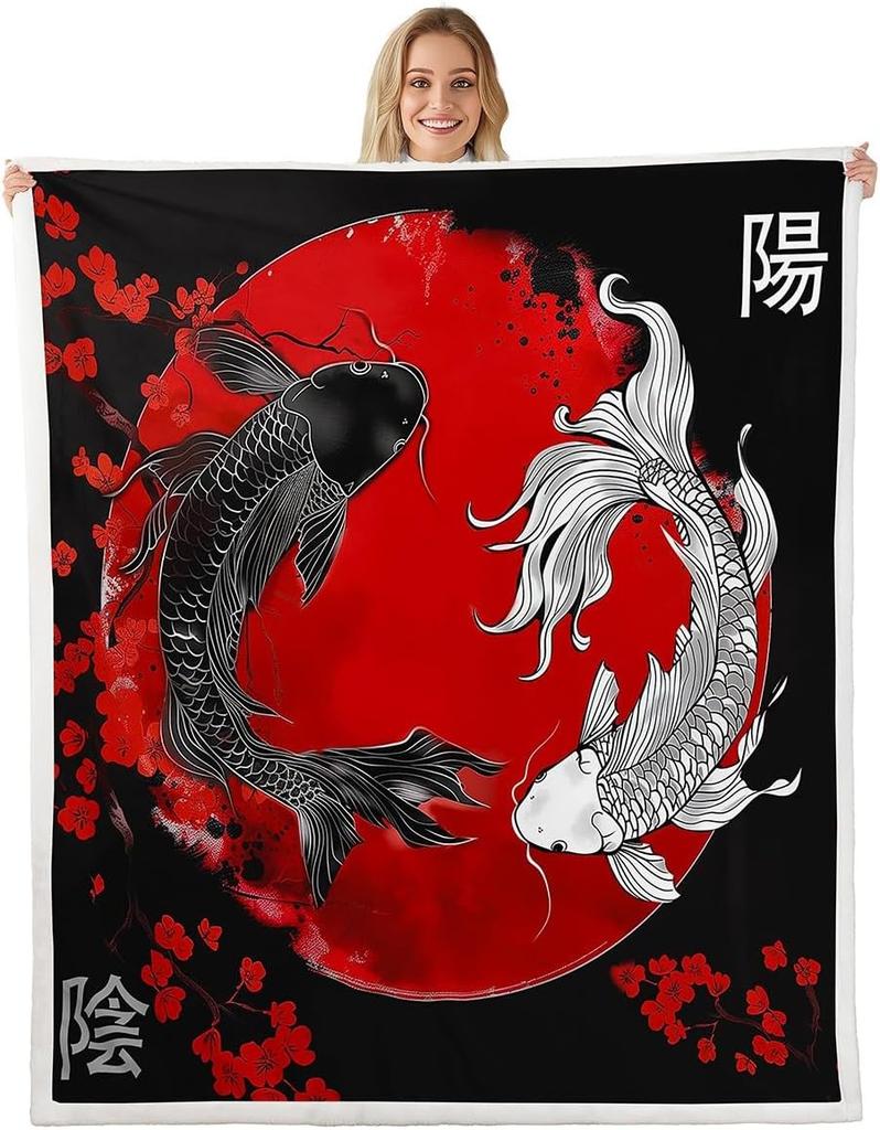 GUOYU Blanket Japanese Style Fleece Blanket Mount Fuji Warm Plush Sherpa Blanket Ocean Great Waves Art Fuzzy Plush Throw Black Golden Glitter