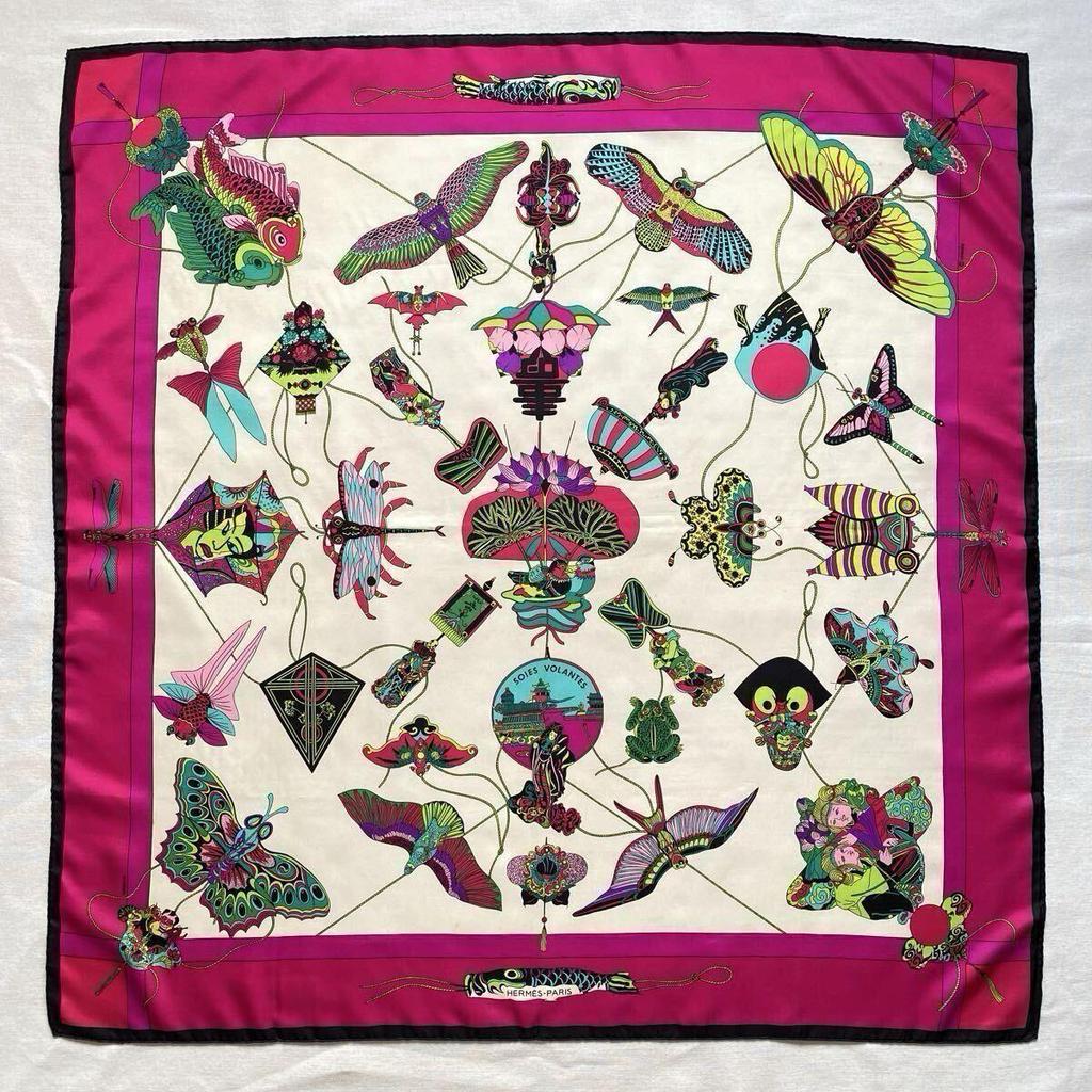 Used HERMES SOIES VOLANTES Hermes Silks Flying Silk Scarf Carr 90 Pink White Large Vintage