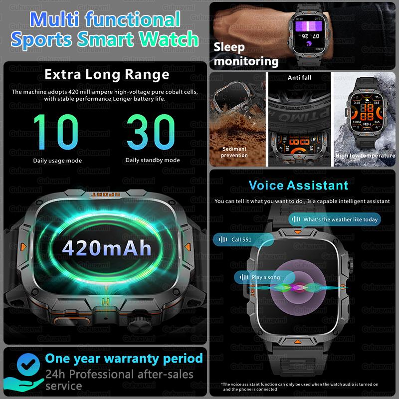 2025 New Military Grade Smart Watch Men 1.96" AMOLED Screen 5ATM Waterproof Sports Fitness Tracker BT Call Smartwatch For Xiaomi