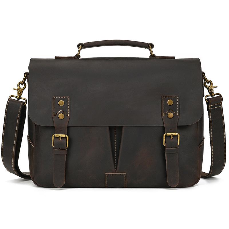 Men'S Leather Commuter Handbag 15 Inch Crazy Horse Leather Briefcase Shoulder Bag Cowhide Business Computer Bag