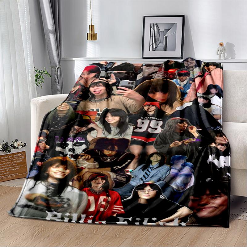 Fashion Billie Eilish Singer Star Flannel Blanket Soft Warm Throw Blanket for Bedroom Living Room Bed Travel Camping Picnic Gift