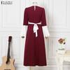 ZANZEA Women Casual Round Neck Long Sleeve Loose Long Dress