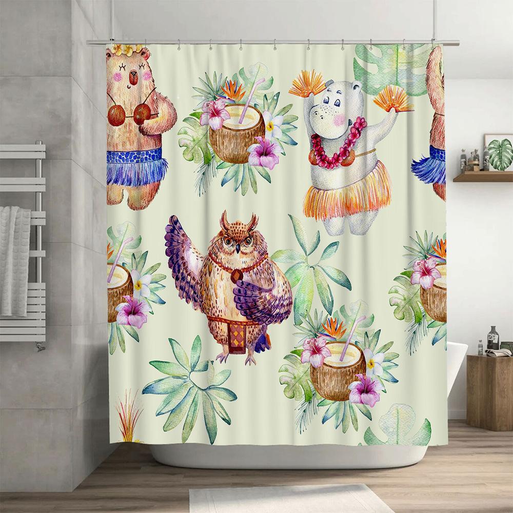 Exotic Animal Print Shower Curtain Watercolor Art Decorative Bathroom Decor Pink Purple White Green Leaves Perfect for Kids Bath