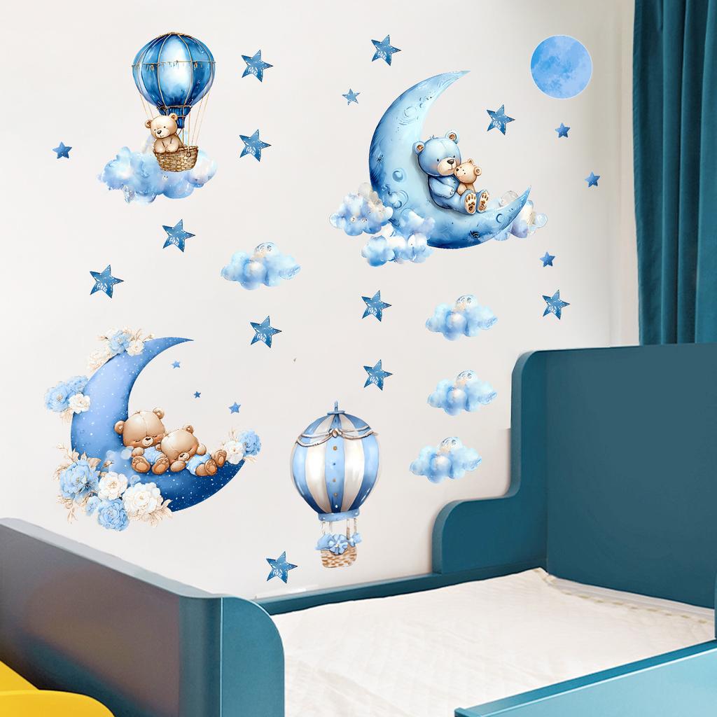 Cartoon Bear Moon Hot Air Balloon Wall Sticker Self Adhesive Decal for Kids Room Living Room Bedroom Home Decoration
