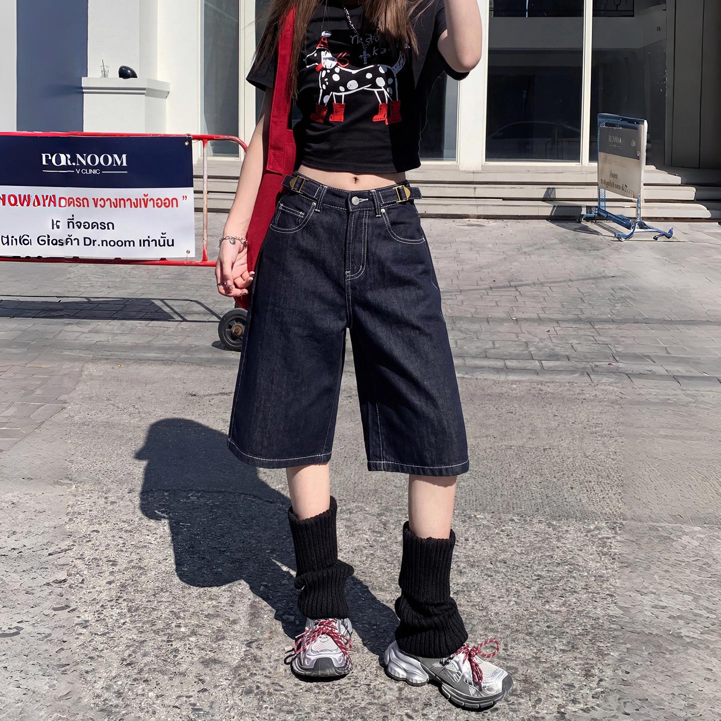 Women s Retro Dark Blue Wide-Leg Denim Shorts - Slimming, Mid-Length, Casual Style for Summer 2026 M