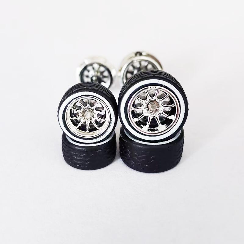 10 Sets 10.8mm 12.8mm 1/64 Alloy Car Staggered Wheels Front Small Rear Large Wheel Progressive Drag Tires Advan for Hot Wheel