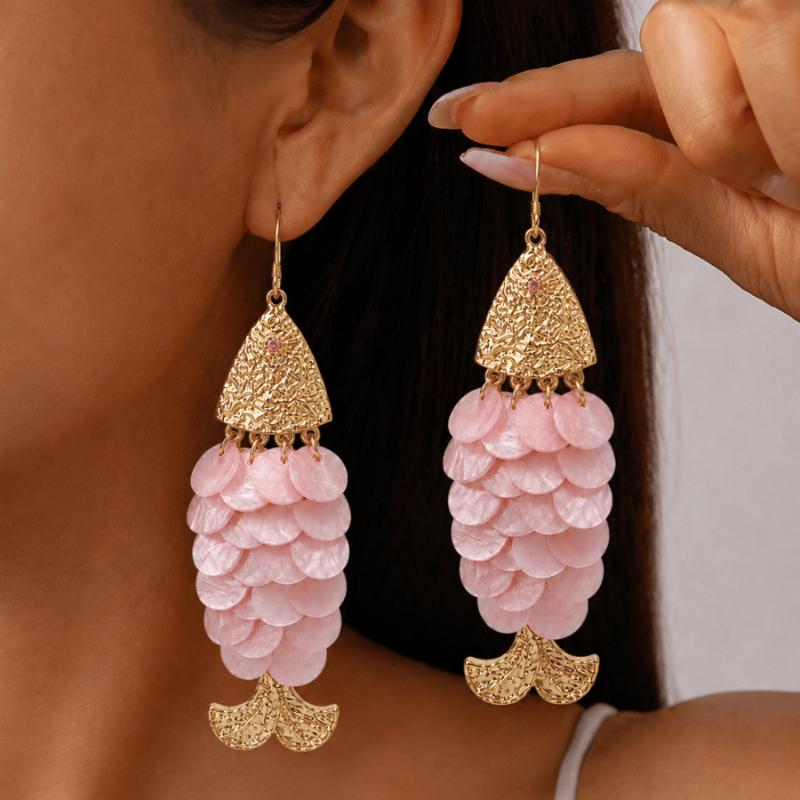 Bohemian Mediterranean Big Fish Earrings Shiny Shell Scale Statement Earrings for Women Daily Casual Wear