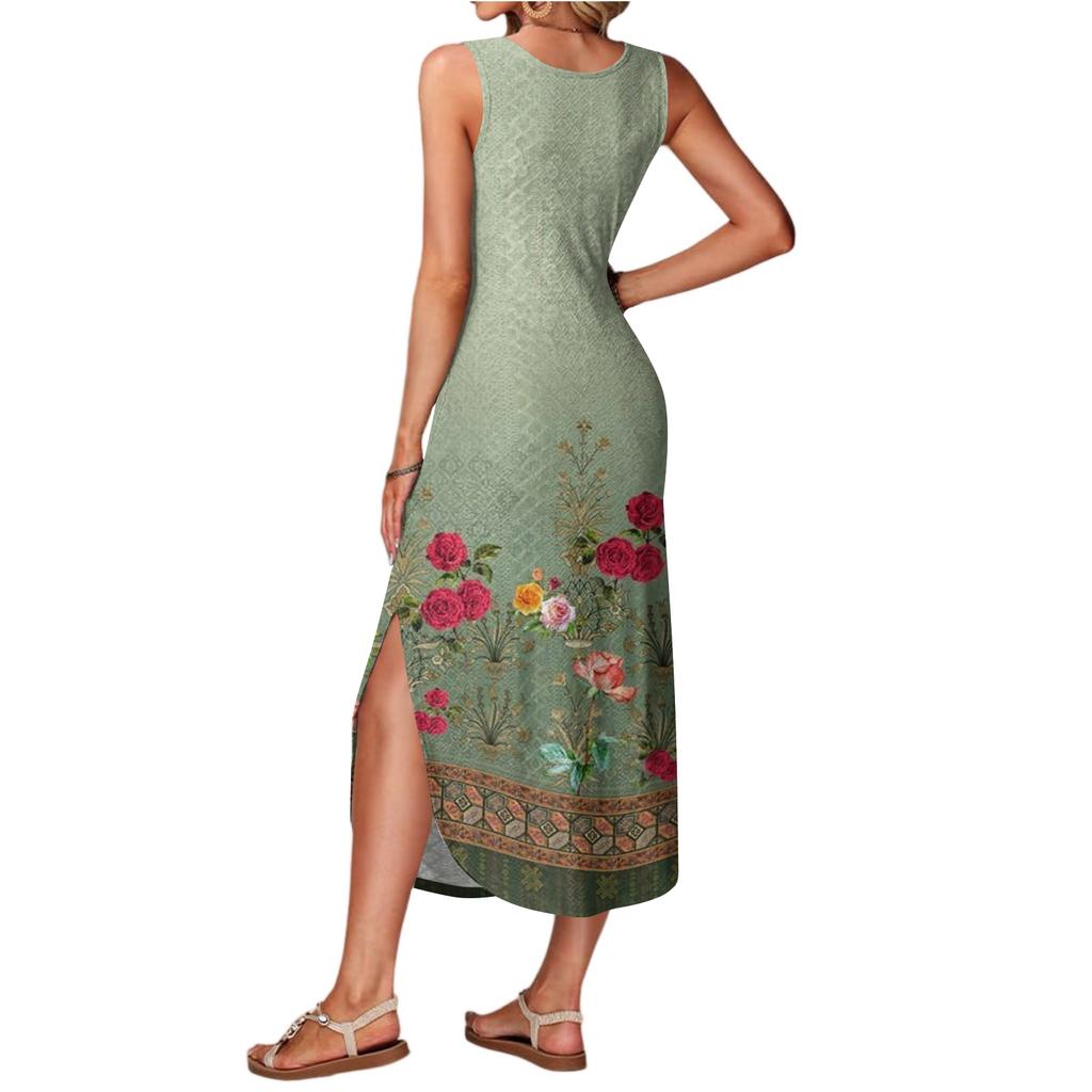 Women's summer long dress, sleeveless with side slits, long retro printed camisole dress