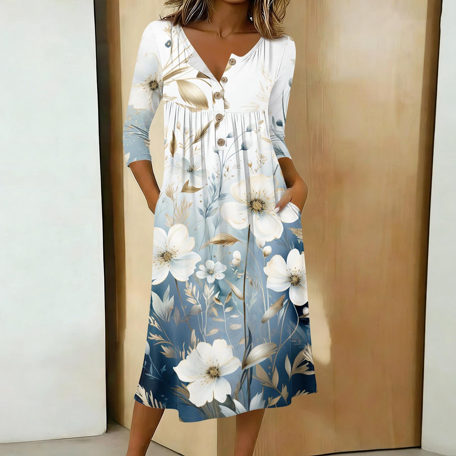 

Women s Fashionable Color Printed Round Neck 3/4 Sleeve Button Collar Mid Length Casual Dress XL білий