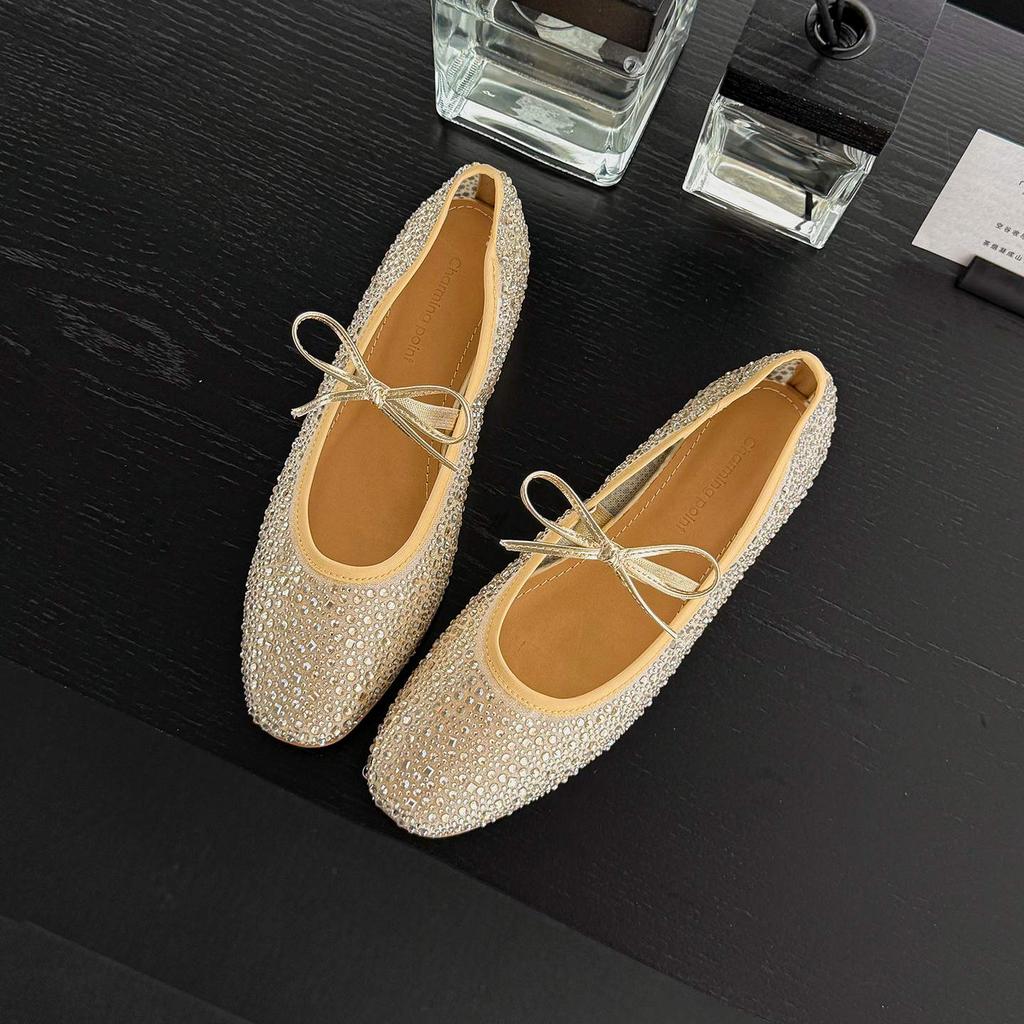 Krazing Pot Air Mesh Sheep Skin Flat with Crystal Beading Round Toe Jelly Shoes Party Summer Size 42 Women Flats