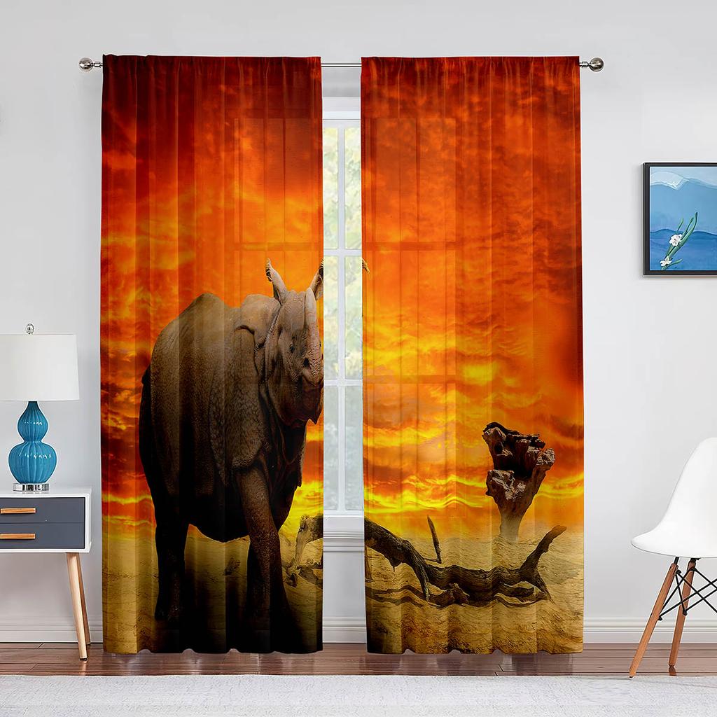 Wildtier Nashorn Grau Schwarz Tüll Vorhänge für Wohnzimmer Schlafzimmer Dekoration Transparent Chiffon Transparent Voile Fenstervorhang
