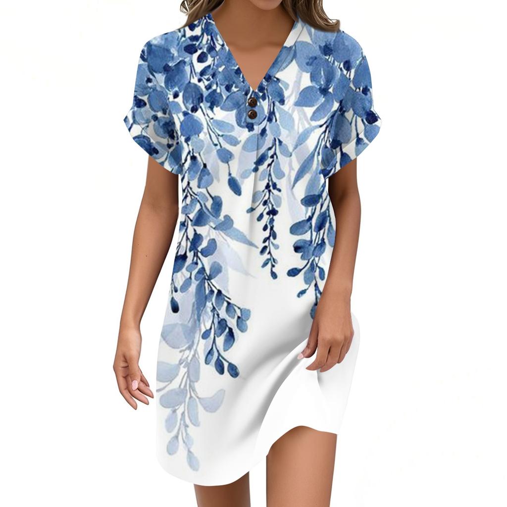 Women's V-neck Vintage Floral Print Pullover Casual Button Dress