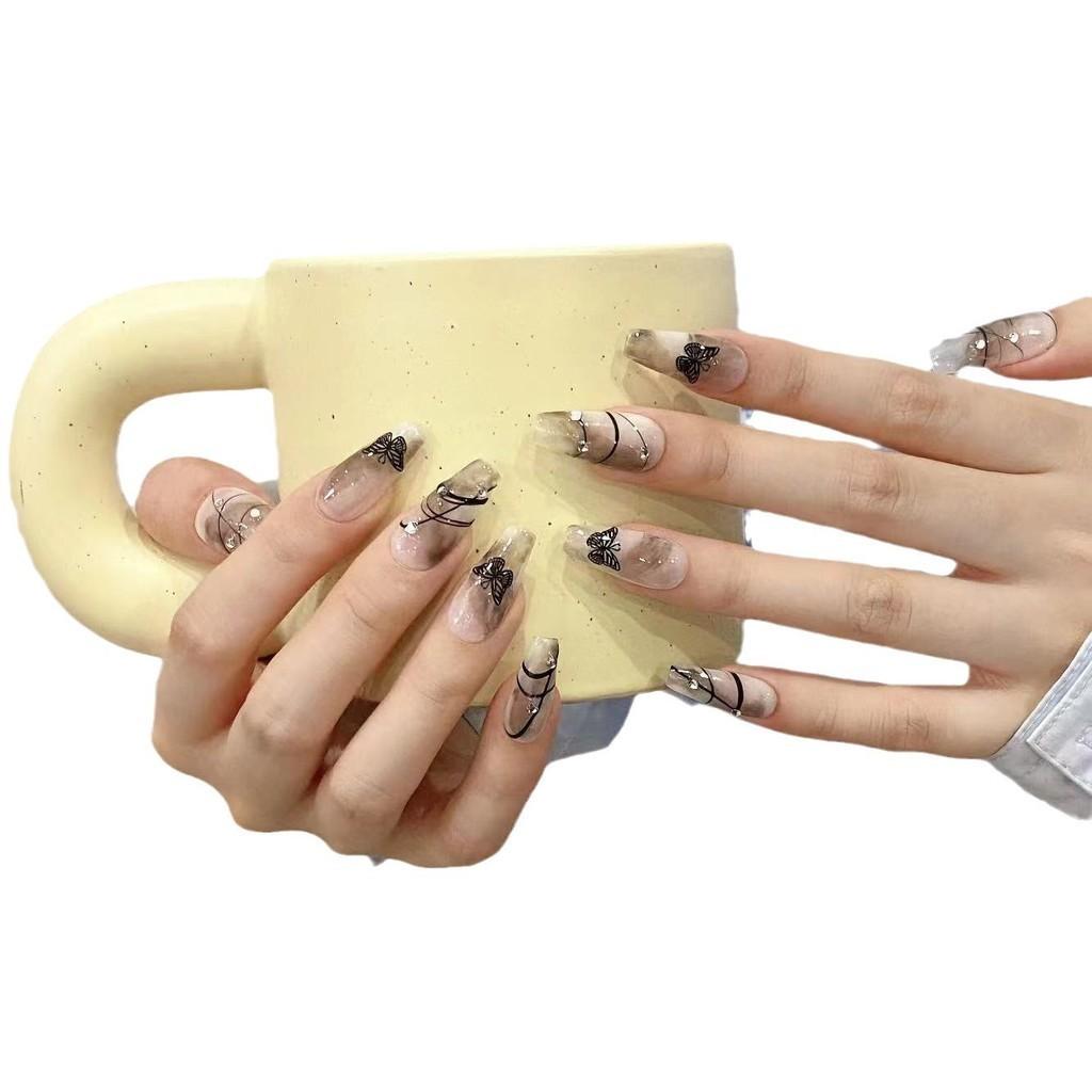 HANDMADE Artificial Nail Dream Black Butterfly Smudge Phototherapy Nails Fake Nails Reusable and Removable Nails