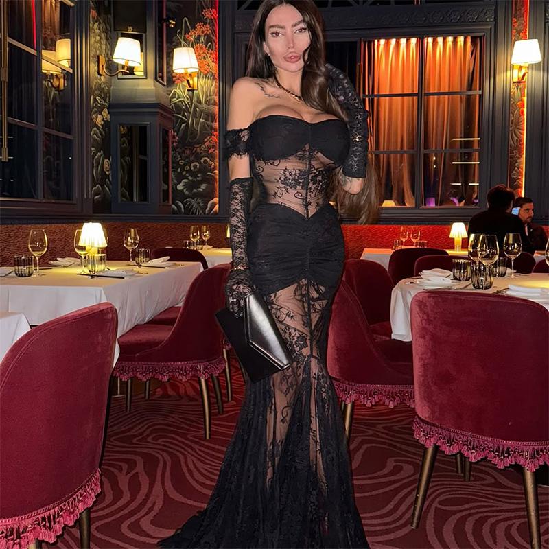 Sexy Durchsichtiges Langes Kleid Aus Spitze, Elegantes Aushöhlen, Rückenfrei, Bedrucktes Partykleid Mit Hoher Taille, Einfarbiges Maxikleid Für Damen