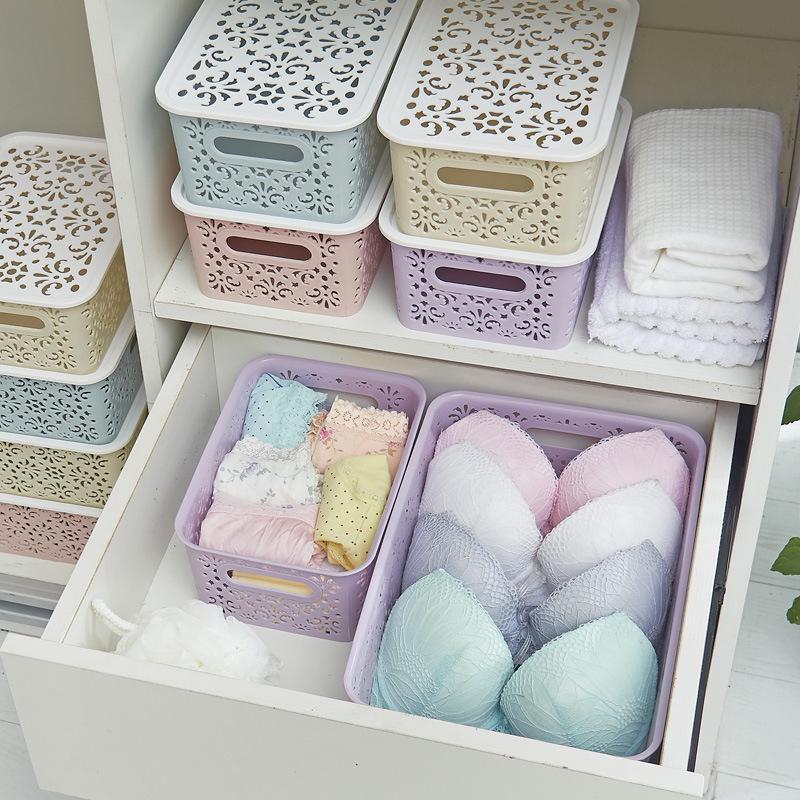 Hollow Desktop Underwear Storage Box with Lid - Plastic Drawer Organizer for Bras & Underwear