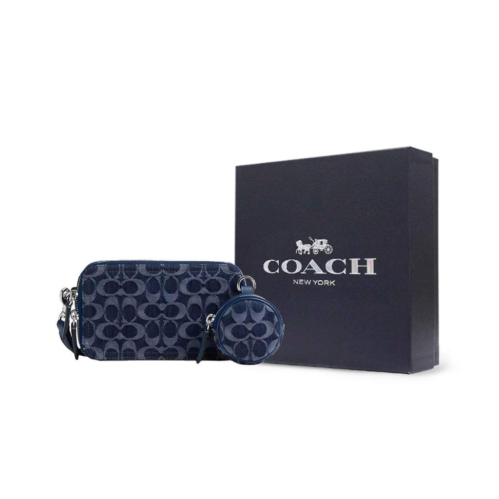 Coach Charter 19 Klasik Logo Gümüş Donanım Denim Ve İnce Dana Derisi Omuz Çantası Küçük Erkek omuz çantası Koyu Mavi CAS41-DEB