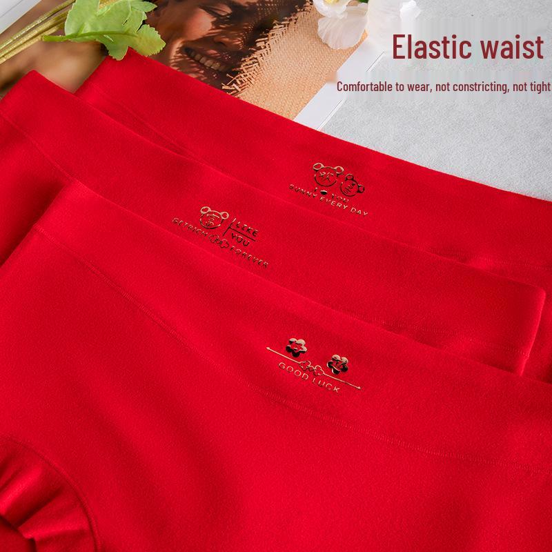 Women's Mid-Waist Red Cotton Antibacterial Underwear - Comfort-Fit, Skin-Friendly, Full Coverage
