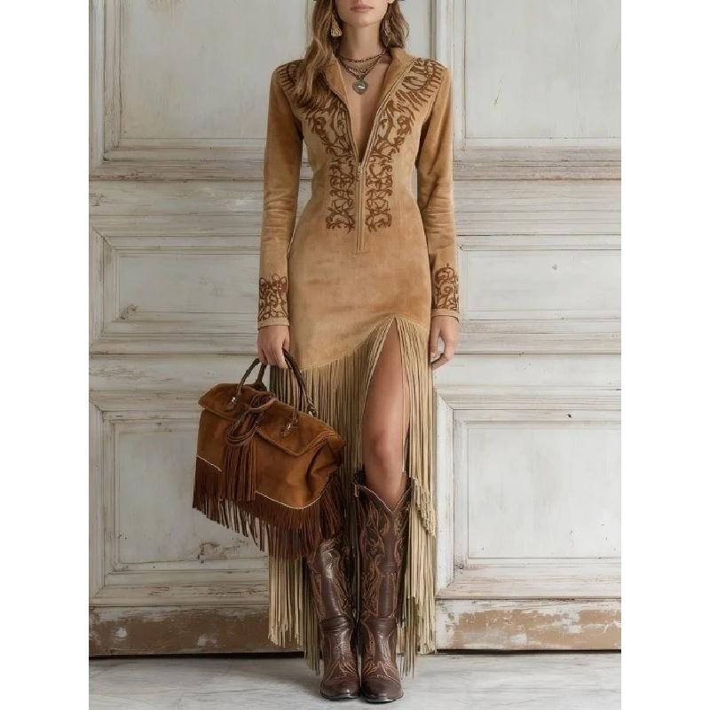Abito da Donna alla Moda Suede Monocolore Stile Western con Frange Vestibilità Aderente Manica Lunga