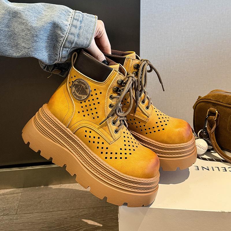 British style retro polished Martin boots women's 2025 new hollow breathable thick-bottomed mountaineering tooling rhubarb boots