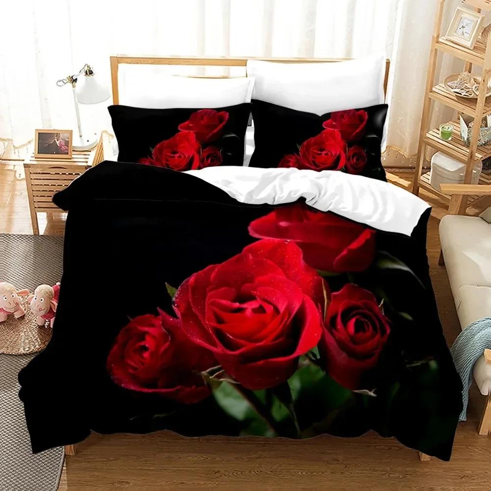 Red Rose Bedding Set Flowers Comfortable Duvet Quilt Cover Pillowcase Bedding Set Children Bedroom Decoration Home Textile